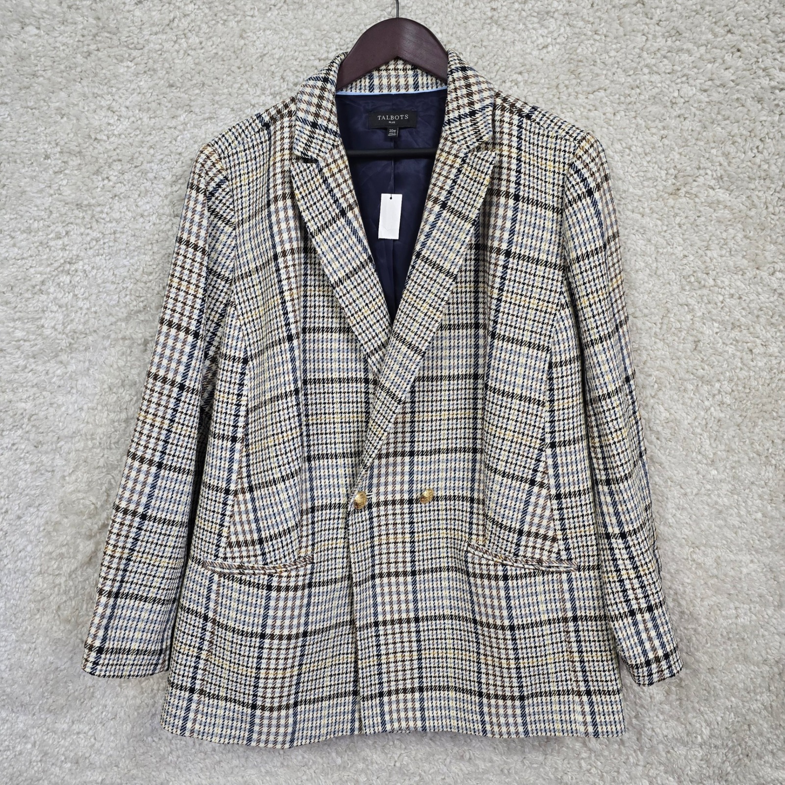 Talbots Plus Blazer Womens 20w Cream Blue Plaid Gold Button Dark Academia
